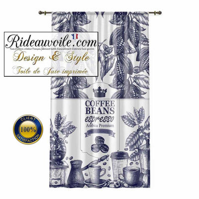 Tissu ameublement effet sac Toile Jute bleu imprimé café express occultant ignifuge