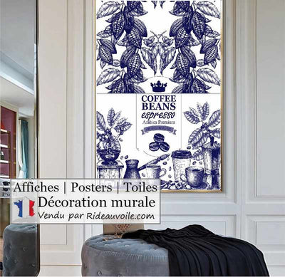Tissu ameublement effet sac Toile Jute bleu imprimé café express occultant ignifuge