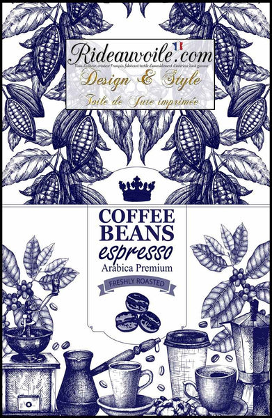 Tissu ameublement effet sac Toile Jute bleu imprimé café express occultant ignifuge