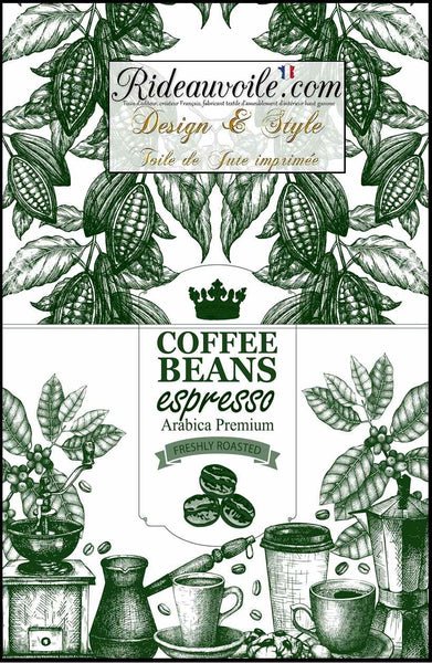 Tissu ameublement imprimé vert effet sac Toile Jute café express occultant ignifuge