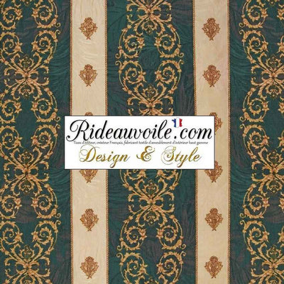 Boutique Rideauvoile.com Paris Versailles Jacquard Tissu ameublement ornement baroque imprimé vert beige ancien draperie rayures grande largeur 280 cm.