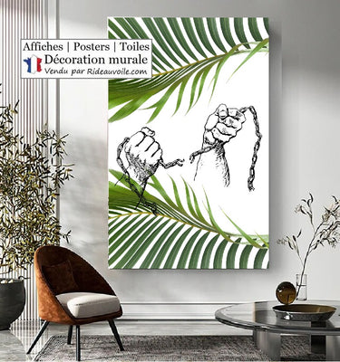 Boutique décoration mural Affiche poster motif imprimé Lion Feuilles vertes palmier exotique, tropical. Exotique poster Affiche imprimé brisant chaînes Liberté Feuille palmier.