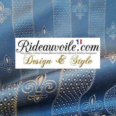 Rideauvoile Tissu bleu Empire Jacquard au mètre ameublement motif fleur de lys haute couture couturière Paris Textile éditeur tapissier haut gamme siège Décoration décoratrice architecte intérieure rideaux. 