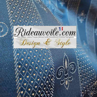 Rideauvoile Tissu bleu Empire Jacquard au mètre ameublement motif fleur de lys haute couture couturière Paris Textile éditeur tapissier haut gamme siège Décoration décoratrice architecte intérieure rideaux. 