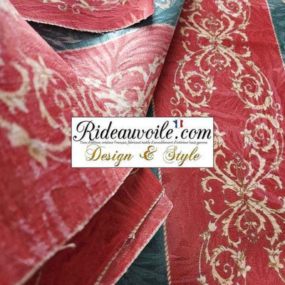 Tissu ameublement imprimé rouge vert ancien draperie rayures grande largeur 280 cm