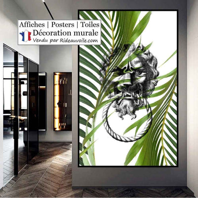 Boutique décoration mural Affiche poster motif imprimé Lion Feuilles vertes palmier exotique, tropical. Boutique décoration mural Affiche poster motif imprimé exotique animal sauvage.