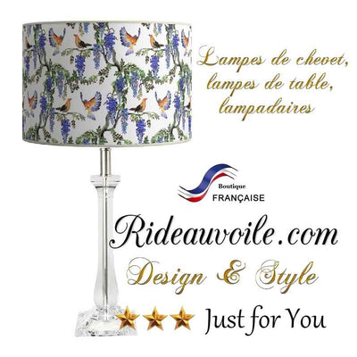 Boutique lumière spécialiste Luminaire éclairage Abat jour cylindrique Non feu Luminaire sur mesure ignifuge motif oiseaux fleurs. Artisan artisanal, fait main en France. Idéal pied de lampe à poser, lampadaire chambre ou salon. Architecte intérieur décoratrice agencement rénovation.