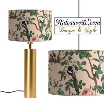 Boutique lumière spécialiste Luminaire éclairage Création Luminaire sur mesure Abat-jour poser suspendre motif ornement fleurs oiseaux exotiques feuilles palmier. Artisan artisanal, fait main en France. Idéal pied de lampe à poser, lampadaire chambre ou salon. Architecte intérieur décoratrice agencement rénovation.