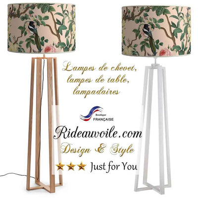 Boutique lumière spécialiste Luminaire éclairage Création Luminaire sur mesure Abat-jour poser suspendre motif ornement fleurs oiseaux exotiques feuilles palmier. Artisan artisanal, fait main en France. Idéal pied de lampe à poser, lampadaire chambre ou salon. Architecte intérieur décoratrice agencement rénovation.