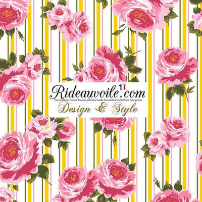 Tissu ameublement mètre motif imprimé rayure fleurie rose rideau voilage