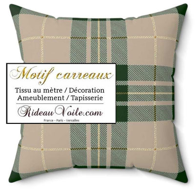 Laine carreaux tartan écossais vert beige tissu décoration d'intérieure, textile au mètre motif tartan carreaux tapisserie siège fauteuil canapé. Rideau lainage ignifuge occultant, voilage, couette, coussin, linge literie personnalisée.