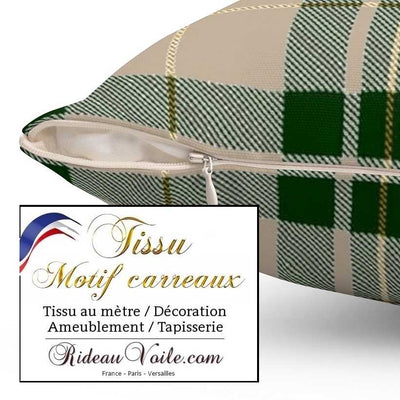 Laine carreaux tartan écossais vert beige tissu décoration d'intérieure, textile au mètre motif tartan carreaux tapisserie siège fauteuil canapé. Rideau lainage ignifuge occultant, voilage, couette, coussin, linge literie personnalisée.