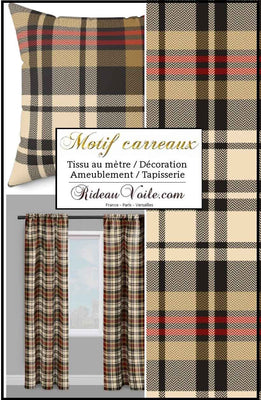Laine carreaux tartan écossais beige marron tissu décoration d'intérieure, textile au mètre motif tartan carreaux tapisserie siège fauteuil canapé. Rideau ignifuge occultant, voilage, couette, coussin, linge literie. Impression personnalisée.