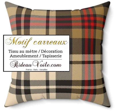 Laine carreaux tartan écossais beige marron tissu décoration d'intérieure, textile au mètre motif tartan carreaux tapisserie siège fauteuil canapé. Rideau ignifuge occultant, voilage, couette, coussin, linge literie. Impression personnalisée.