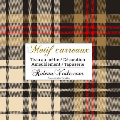 Laine carreaux tartan écossais beige marron tissu décoration d'intérieure, textile au mètre motif tartan carreaux tapisserie siège fauteuil canapé. Rideau ignifuge occultant, voilage, couette, coussin, linge literie. Impression personnalisée.