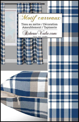 Inspiration tissus chalet ambiance montagne chic laine carreaux bleu beige tartanDécorateur, Architecte d'intérieur de Chalets villa maison prestige éditeur Lin carreaux tartan écossais bleu marine tissu décoration d'intérieure, textile au mètre motif tapissier.