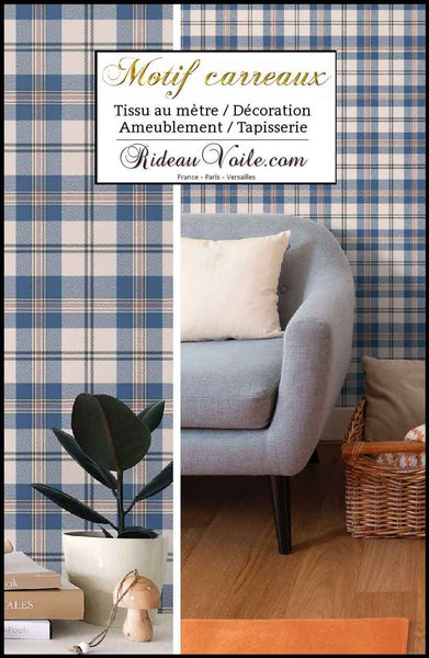 Toile 100% Lin coton design chalet intérieur montagne chic carreaux bleu tartan