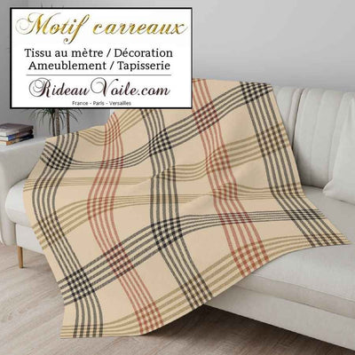 Tissu ameublement chalet intérieur montagne chic laine carreaux beige tartan