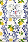 Tissu d'ameublement style majolique l'époque de la Renaissance italien | Design imprimé citron et guirlande de fleur bleu style faïence Italienne. | Textile pour décoration d'intérieur et la tapisserie (siège / murale) motif botanique bleu marine, agrumes