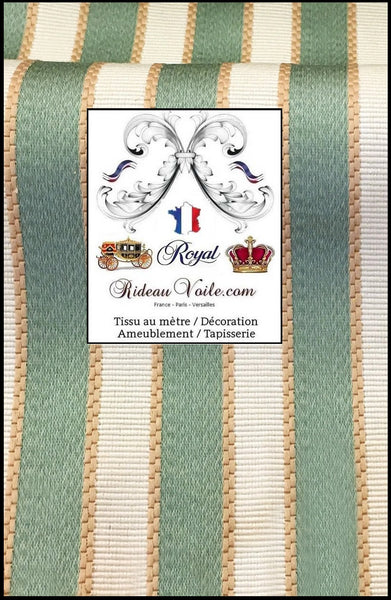 Tissu ameublement satin Jacquard rayé vert ivoire mètre motif rayures