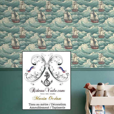 Tissus ameublement marins, motifs vague en mer haut de gamme au mètre rideau coussin couette sur mesure. Décoration coquillage sellerie, voilerie intérieure salon, bateau. Ignifugé Occultant