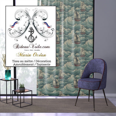 Tissus ameublement marins, motifs vague en mer haut de gamme au mètre rideau coussin couette sur mesure. Décoration coquillage sellerie, voilerie intérieure salon, bateau. Ignifugé Occultant