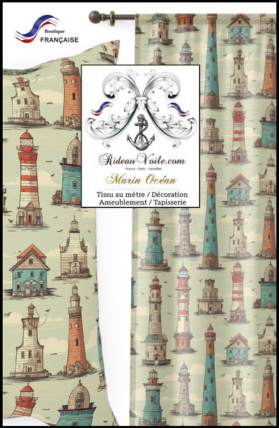 Boutique tissu ignifuge occultant motif marin au mètre imprimé Phare bateau  rideau