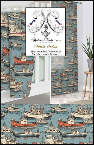 Boutique achat Tissu nautique, textile bateau imprimé ambiance intérieur marin bleu