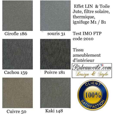 Tissu FF&E Intérieur M1 B1 effet LIN  & Toile Jute, filtre solaire, thermique, ignifuge mètre