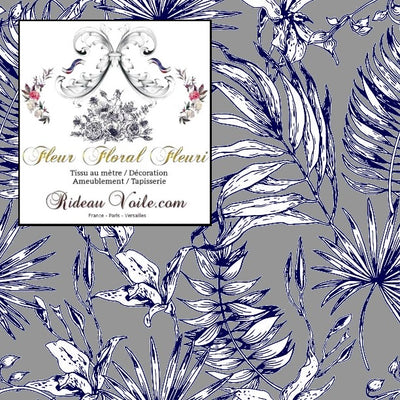Tissu ameublement imprimé gris feuilles fleuri tropical feuillages bleu