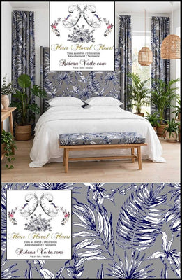 Tissu ameublement imprimé gris feuilles fleuri tropical feuillages bleu