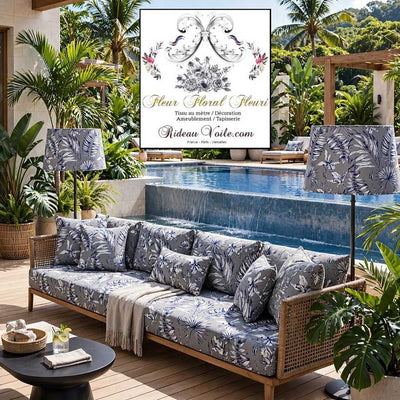 Tissu ameublement imprimé gris feuilles fleuri tropical feuillages bleu