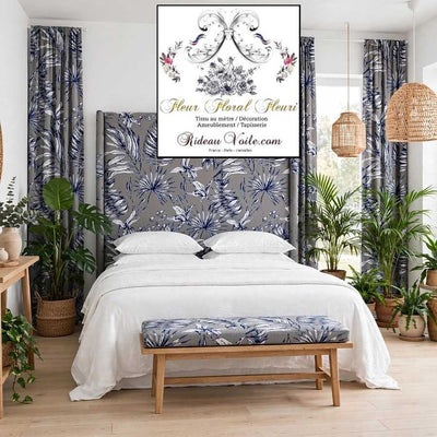 Tissu ameublement imprimé gris feuilles fleuri tropical feuillages bleu