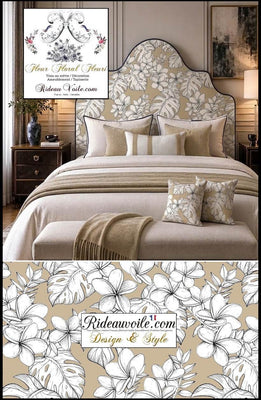 Tissu ameublement  imprimé feuilles fleurs dessin feuillage beige mètre