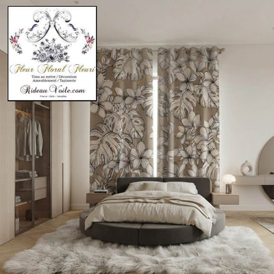 Tissu ameublement  imprimé feuilles fleurs dessin feuillage beige mètre