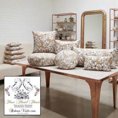 Tissu ameublement  imprimé feuilles fleurs dessin feuillage beige mètre