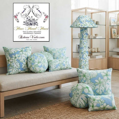 Tissu ameublement bleu imprimé feuilles fleur vert tropicale mètre