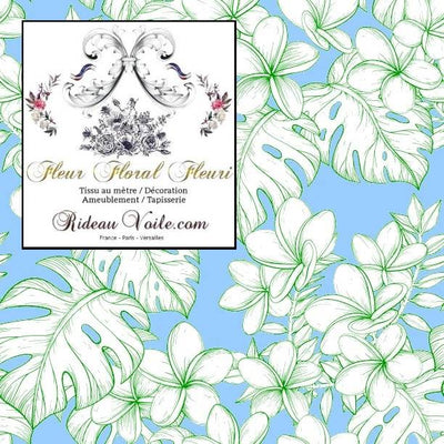 Tissu ameublement bleu imprimé feuilles fleur vert tropicale mètre