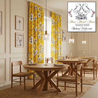 Tissu tropical fond jaune imprimé feuilles fleur dessin noir tropicale mètre