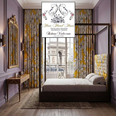 Tissu tropical fond jaune imprimé feuilles fleur dessin noir tropicale mètre