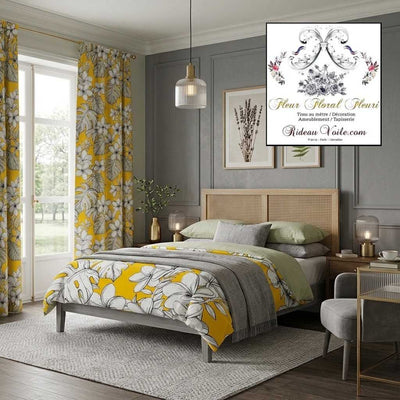 Tissu jaune façon Toile de Jouy ameublement imprimé feuilles exotique