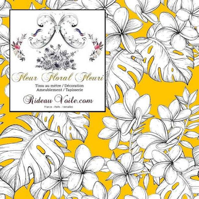 Tissu tropical fond jaune imprimé feuilles fleur dessin noir tropicale mètre