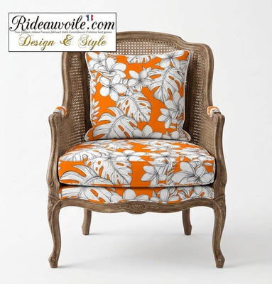 Tissu motif  Toile de Jouy ameublement orange motif feuilles exotique