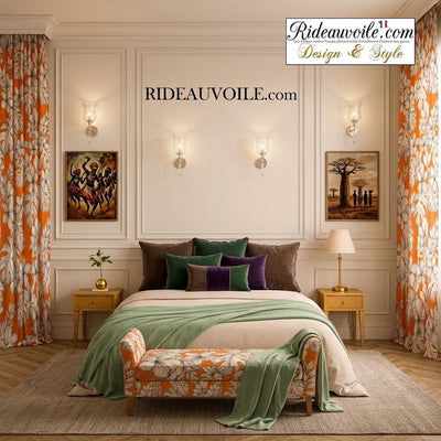 Tissu tropical fond orange imprimé feuilles fleur dessin noir exotique mètre