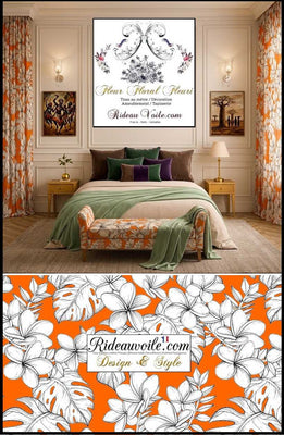 Tissu tropical fond orange imprimé feuilles fleur dessin noir exotique mètre