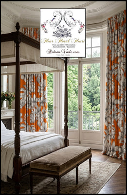 Tissu motif  Toile de Jouy ameublement orange motif feuilles exotique