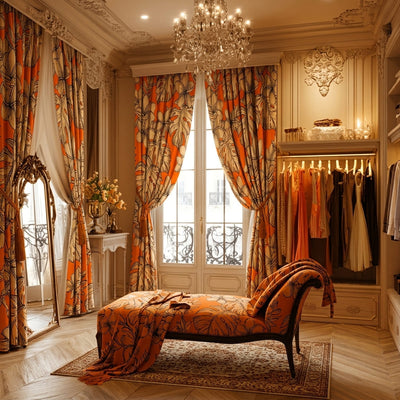 tissu ameublement d'intérieur tropical fond orange imprimé feuilles fleur dessin noir exotique mètre
