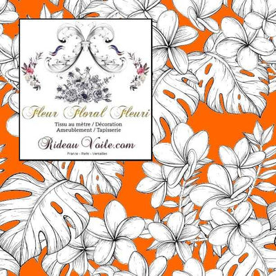 Tissu tropical fond orange imprimé feuilles fleur dessin noir exotique mètre