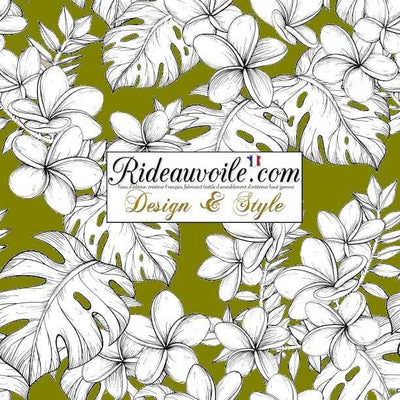 Tissu ameublement tropical fond vert imprimé feuilles dessin noir exotique  mètre