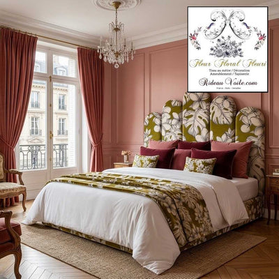 Tissu ameublement tropical fond vert imprimé feuilles dessin noir exotique  mètre